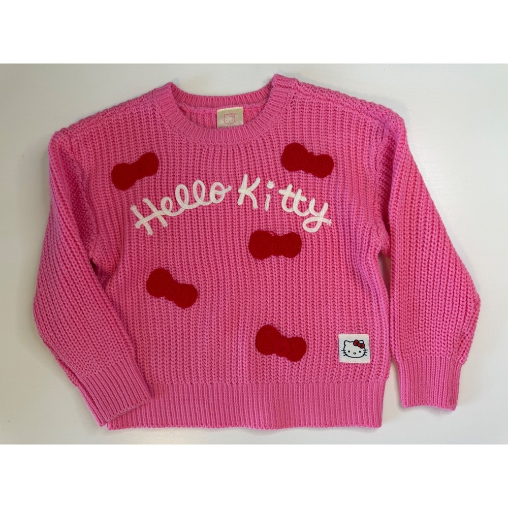 Hello Kitty Sanrio Pink Chunky Knit Sweater Toddler Girls 3T Red Bows Pullover